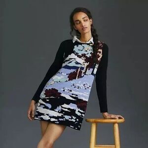 Anthropologie Maeve Scenic Min Sweater Dress Black Lavender Red Tan Motif Small